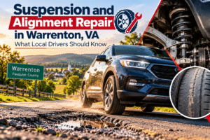Suspension and alignment repair in Warrenton VA with vehicle on rough road, damaged suspension components, and uneven tire wear.