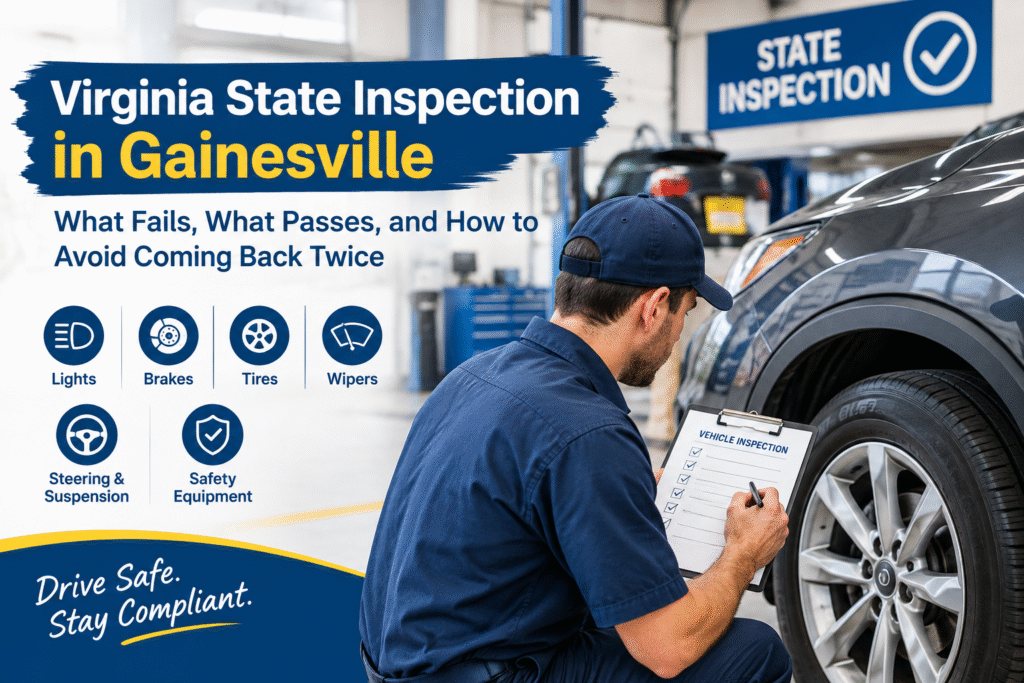 Virginia State Inspection in Gainesville with technician inspecting a vehicle.