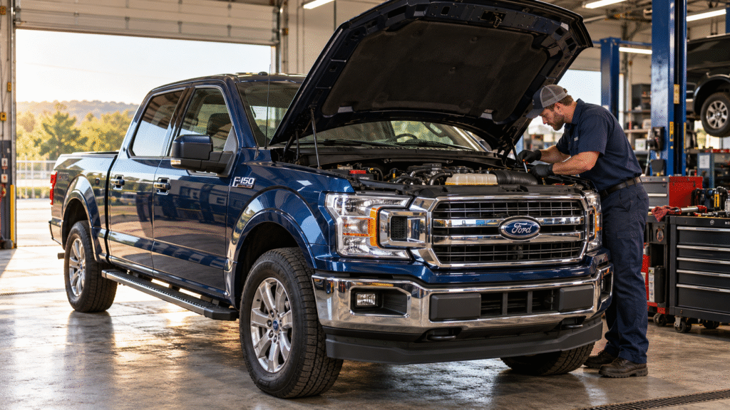 echnician inspecting a blue Ford F-150 engine in an automotive workshop.