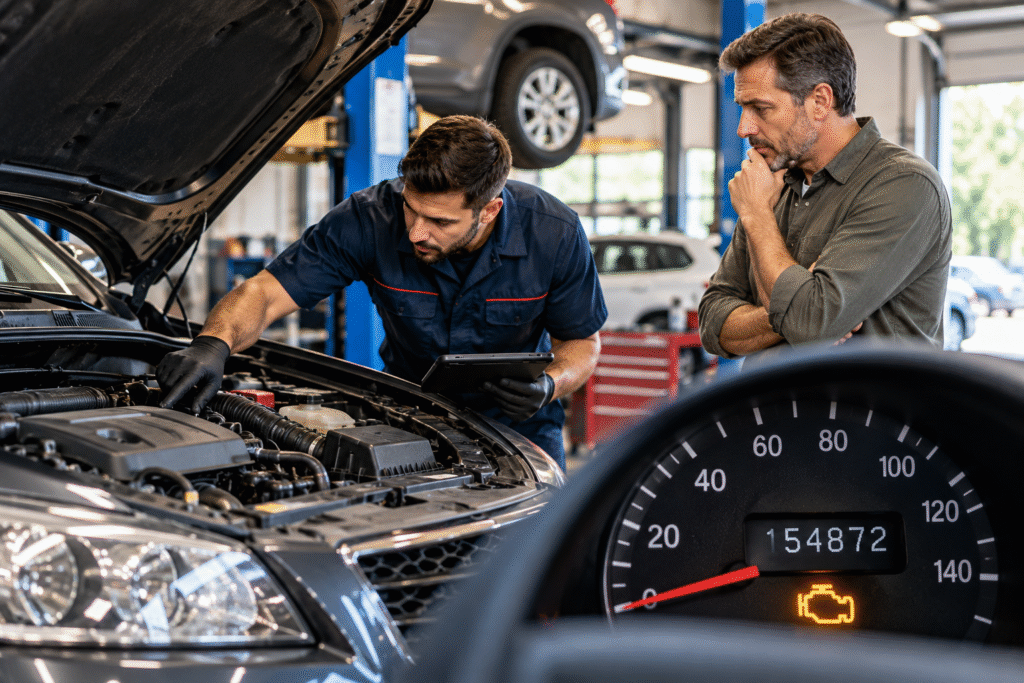 Professional mechanic inspecting a high-mileage car engine at an auto repair shop in Gainesville, VA, while the vehicle owner watches, with an odometer showing over 150,000 miles and a check engine warning light.