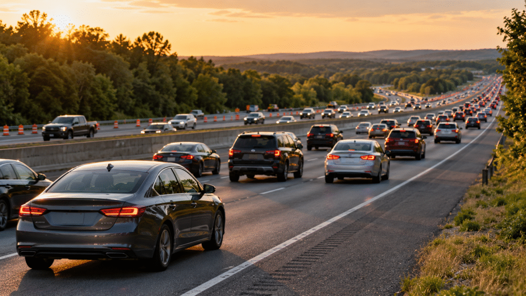 Northern Virginia highway traffic at sunset with the title “What 35 Years of Fixing Cars Taught Us About Vehicle Wear in Northern Virginia.