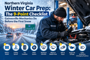 Professional mechanic performing a winter car battery inspection in Gainesville, Northern Virginia, with a snowy I-66 highway in the background. The image highlights a 9-point winter car preparation checklist covering battery health, tires, brakes, coolant, heating, wipers, belts, engine oil, and vehicle safety.